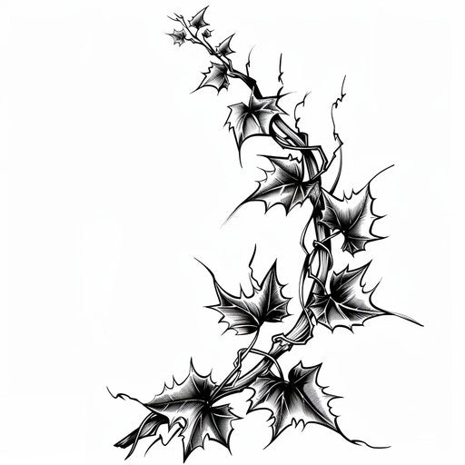 Detailed vine with thorns tattoo design in traditional black outline style, isolated on white background