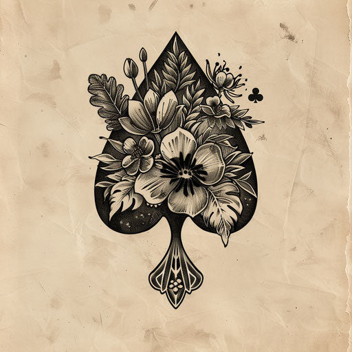 Botanical-themed spade tattoo sketch