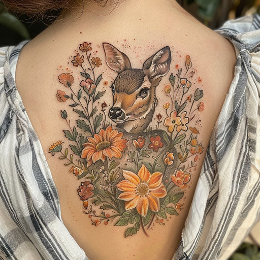 Wildflower tattoo with deer, earthy colors, detailed, woodland theme