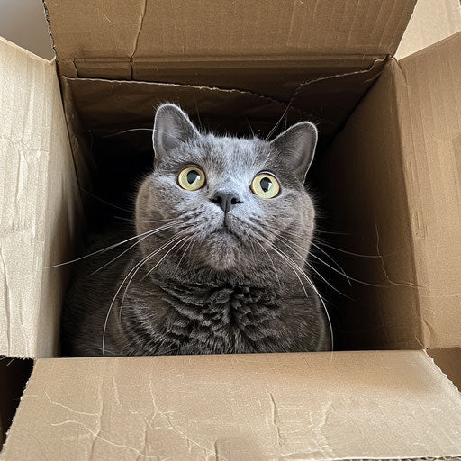 Gray cat in cardboard box, taboo style, facial expression