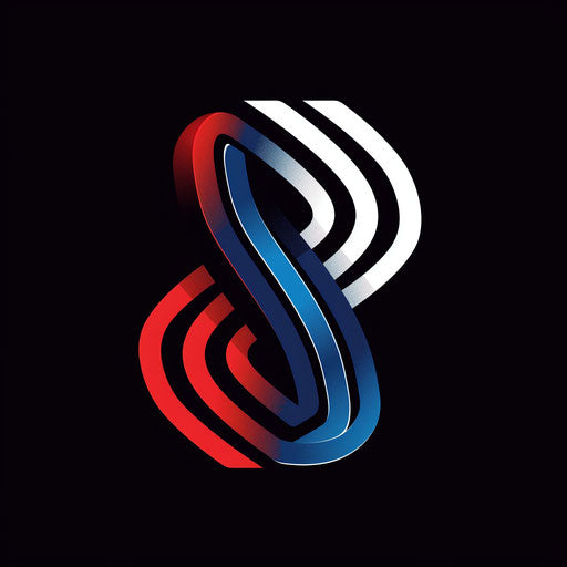 Brand logo with dynamic lines and bold typography, using red, white, and blue colors