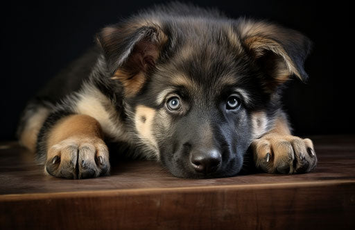 Black and white German shepherd puppy lying in light brown and red style