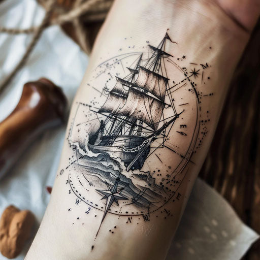 Nautical-themed memorial tattoo design with classic ship and compass