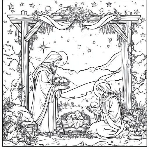 Peaceful nativity scene, Teagan White style, Coloring page