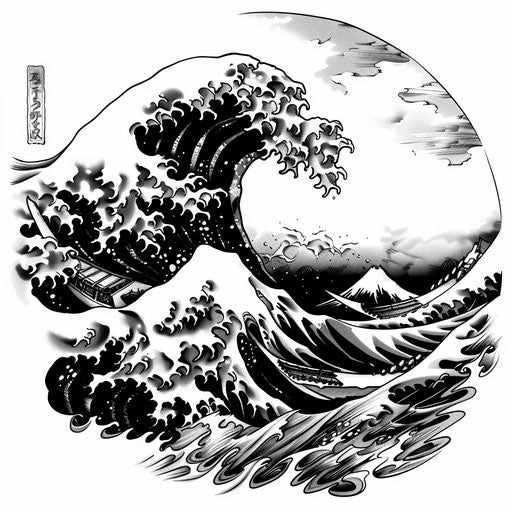 Artistic tattoo sketch of a crashing Japanese wave