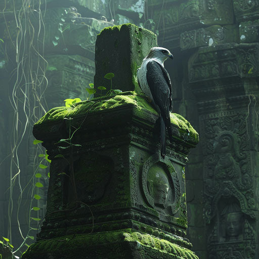 Swallow-tailed kite perched on an ancient stone statue covered in moss in a forgotten temple deep in the jungle