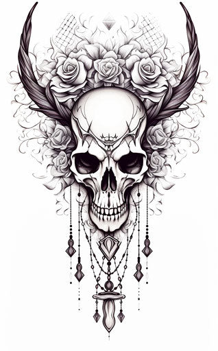 Dream catcher with antlers, feathers, and skull