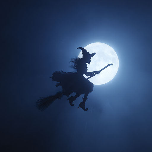Witch flying on a broom under the full moon
