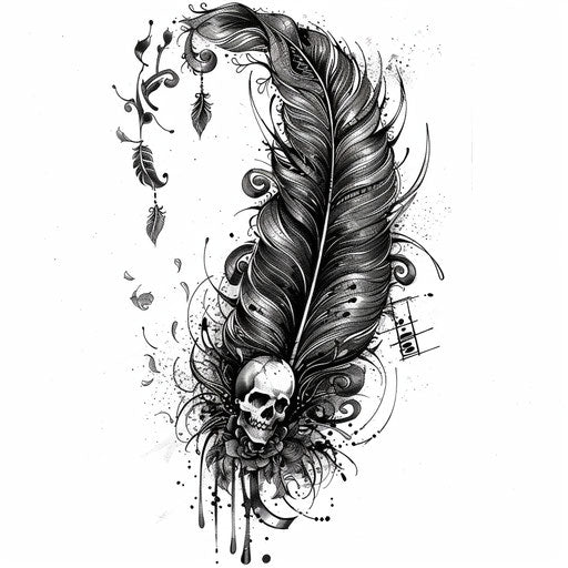 Gothic feather tattoo design with dark elements and skulls