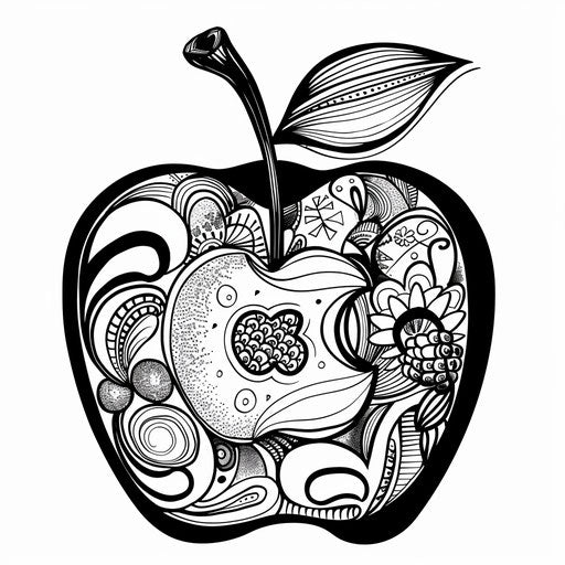 Apple with cartoon-like designs and abstract details, lively and vibrant, Coloring book page