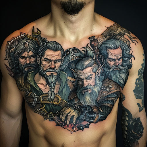Epic chest tattoo of fantasy warriors in Jackson style