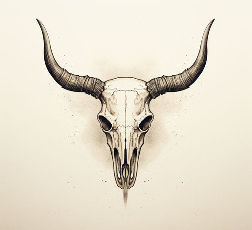 Bull skull with horns and cowboy, in simple line drawing style