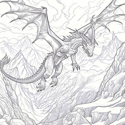 Fantasy dragon soaring over mountains in the style of a Mark Schultz coloring book page