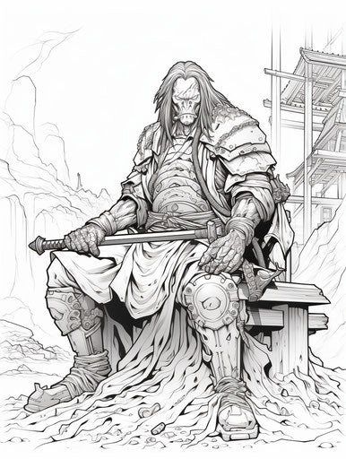 Japanese Samurai coloring sheet in traditional style