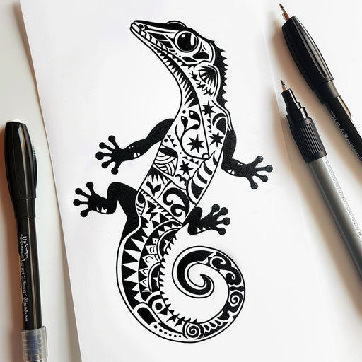 Exotic flat tattoo sketch of a gecko with traditional Polynesian motifs