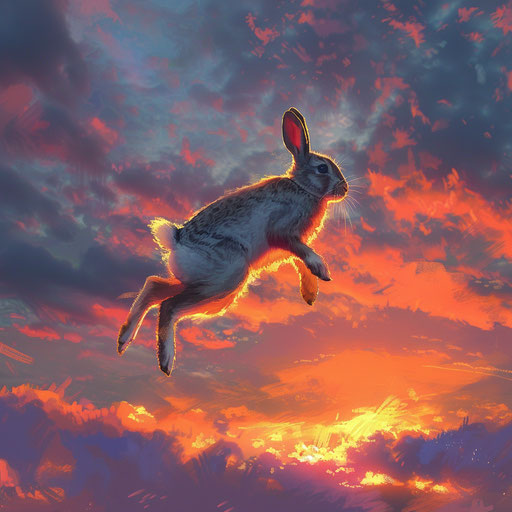Rabbit leaping at sunset