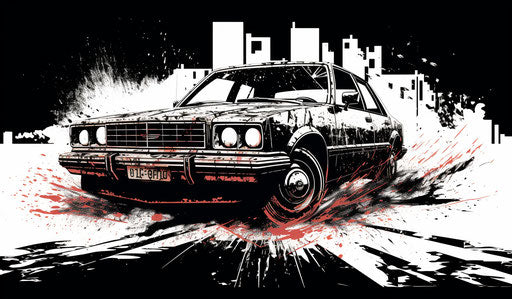 Car outline, gritty Hollywood glamour, clean inking