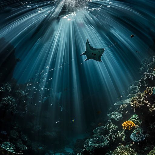 Manta ray patrolling the reef with dramatic light beams