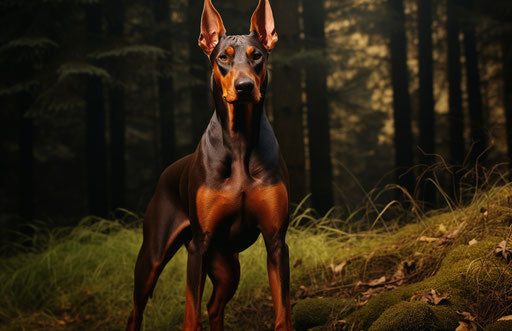 Doberman dog in grass, dark orange and light maroon style