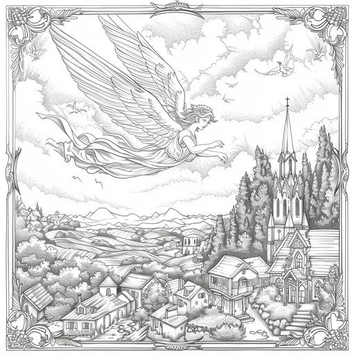 Angel flying over a peaceful village