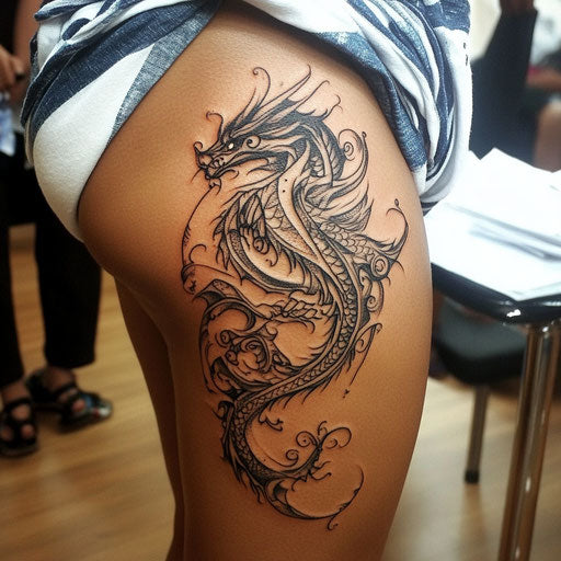Tribal dragon tattoo on the back of the thigh