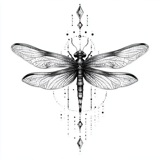 Dragonfly tattoo sketch with geometric accents on pure white background