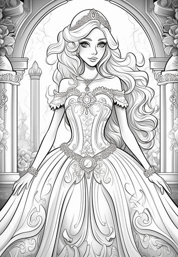 Barbie princess dress coloring pages, gothic dark and ornate style