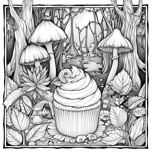Cupcake in a lush forest in the style of Edward Julius Detmold coloring book page