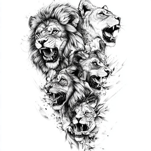 Flat tattoo sketch of arm tattoos with fierce animal motifs