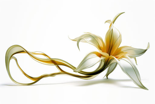 Vanilla flower on white background with light green and dark amber leaves
