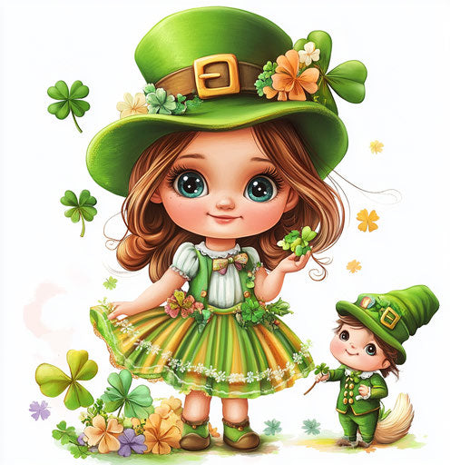 St. Patrick's Day baby girl with leprechaun and cute doll