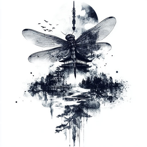 Mystical Japanese Dragonfly Tattoo in Japanese Landscape