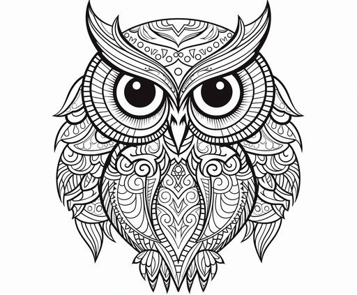 Black and white owl on white background, geometric ornaments