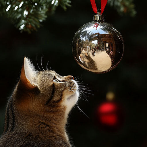 Cat startled by its own reflection in a shiny new Christmas ornament