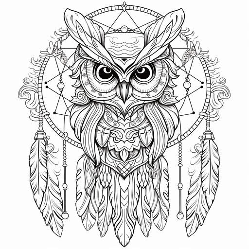Owl in dream catcher surrounded by feathers