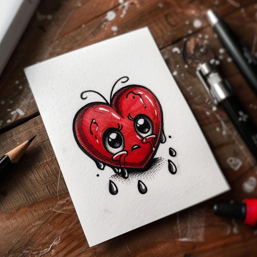 Tattoo sketch of crying cartoon heart