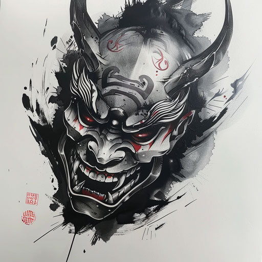 Flat tattoo sketch of a Hannya mask with a mysterious aura