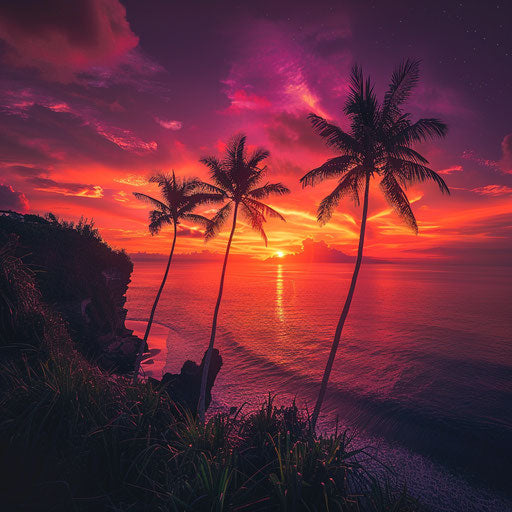 Uluwatu Beach, Indonesia with palm trees silhouetted against a fiery sunset