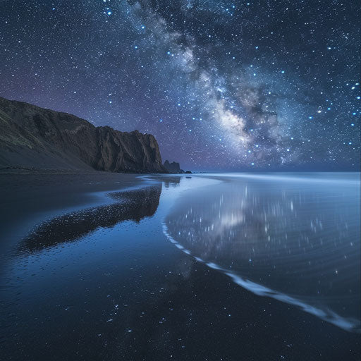 Black sand beach at night with stars reflecting on water