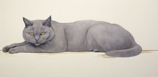Grey cat lying on white background, light purple and light amber style