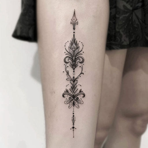 Gothic arrow tattoo, dark designs on white backdrop