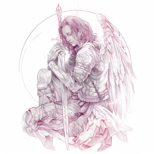 Saint Michael in prayer in fine line tattoo style
