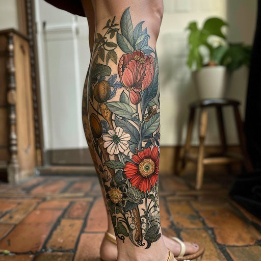 Botanical leg sleeve tattoo with exotic plants