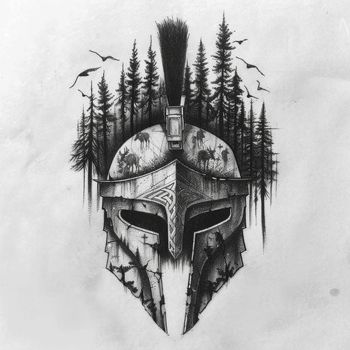 Nature-inspired spartan helmet tattoo sketch with lush forests and wildlife
