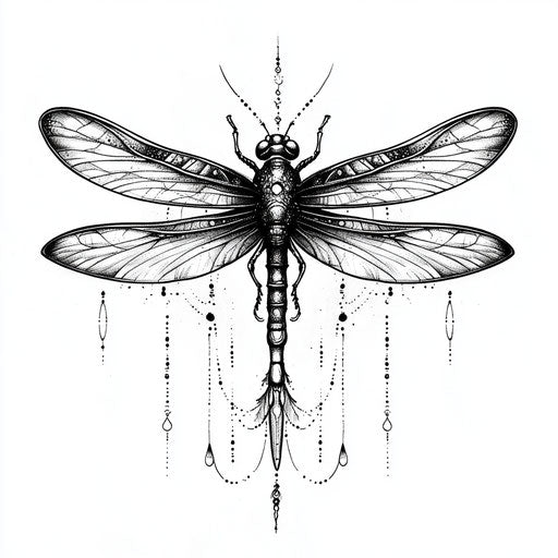 Detailed monochrome dragonfly tattoo design sketch