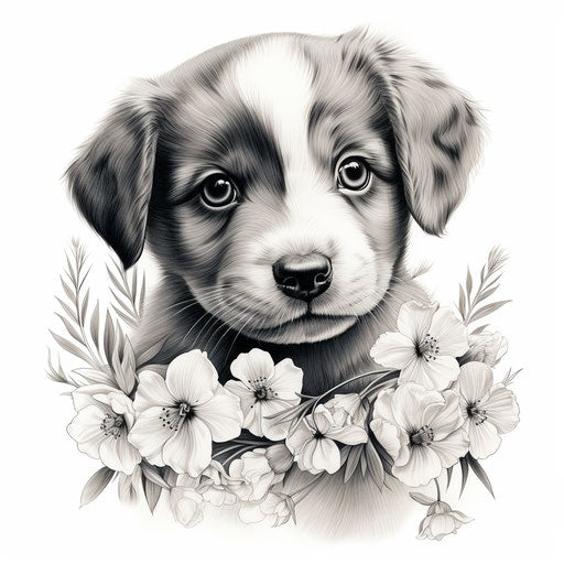Black and white painting of a puppy and flowers