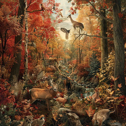 Animals in a forest during vibrant New England fall