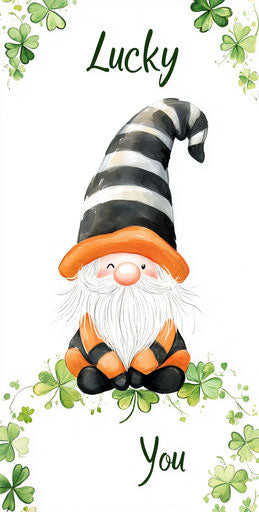 Lucky little gnome on four-leaf clover