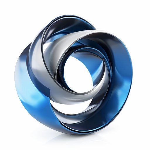 3D logo with sleek metallic elements and a modern icon, in blue and silver, on white background