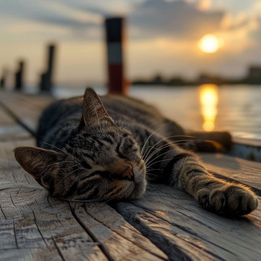 Tortoise cat lying on a dock